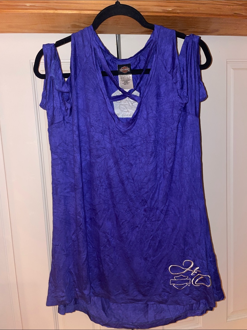 Harley-Davidson Women's Deep Purple Cold-Shoulder Tunic Crisscross V-neck Front